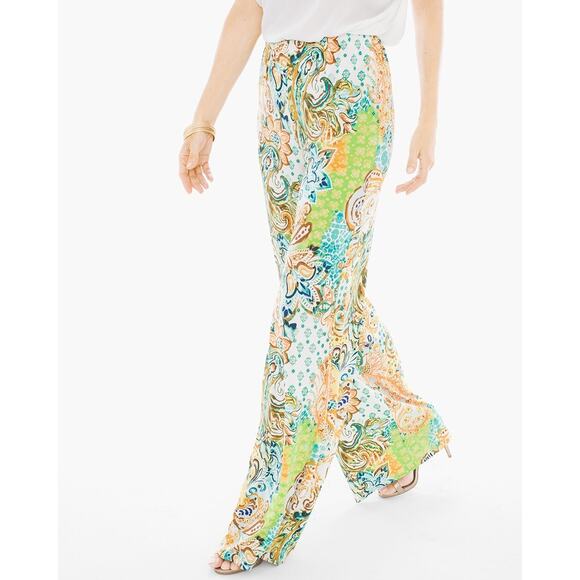 Chico's‎ Palazzo Pants 3 XL Yogi Paisley Print Wide Leg Pull On Orange Green NWT - Picture 1 of 12